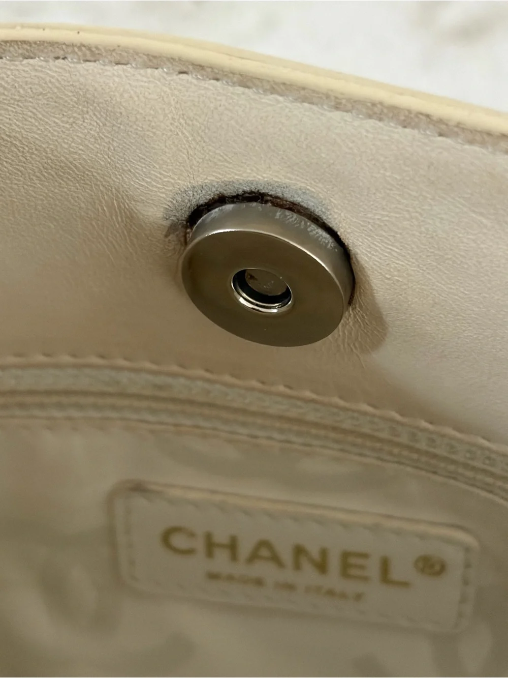 Chanel Small Beige Patent Leather Floral Perforated Tote